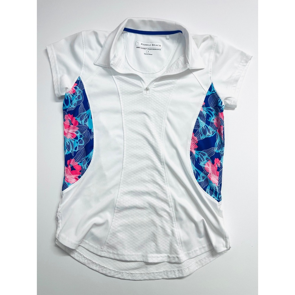 Pebble Beach Dry-Luxe Performance Golf Polo Shirt White Tropical Floral Womens S
